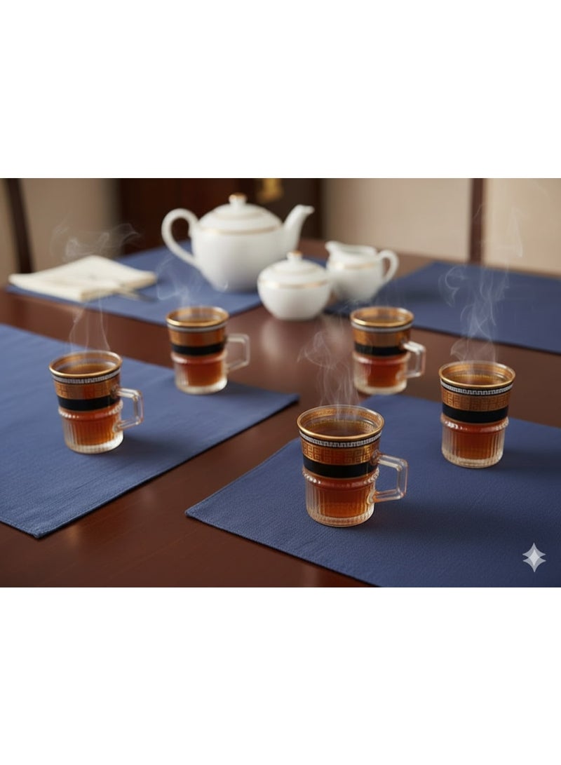 طقم استكانات شاي زجاجي مذهب - 6 قطع - تصميم ملكي بنقوش بارزة ومقبض مريح - Image 4